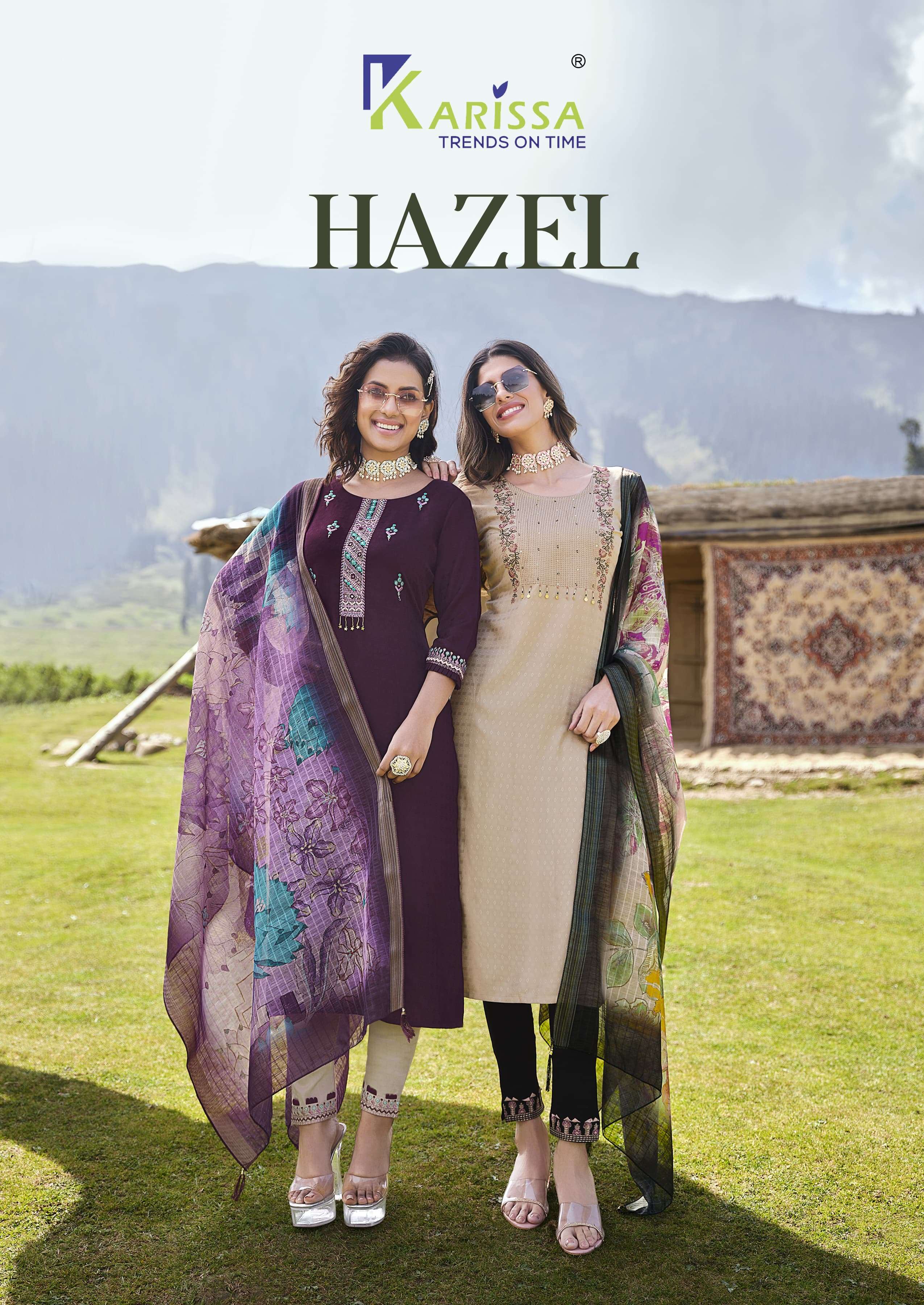 HAZEL LIVA TAG VISCOSE  THREAD HANDWORK KURTI WITH RAYON SLUB LYCRA PANT AND DIGITAL JACQUARD DUPATTA BY KARISSA BRAND POSTER